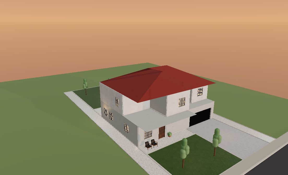 A two-storey family home in 3D, in evening light