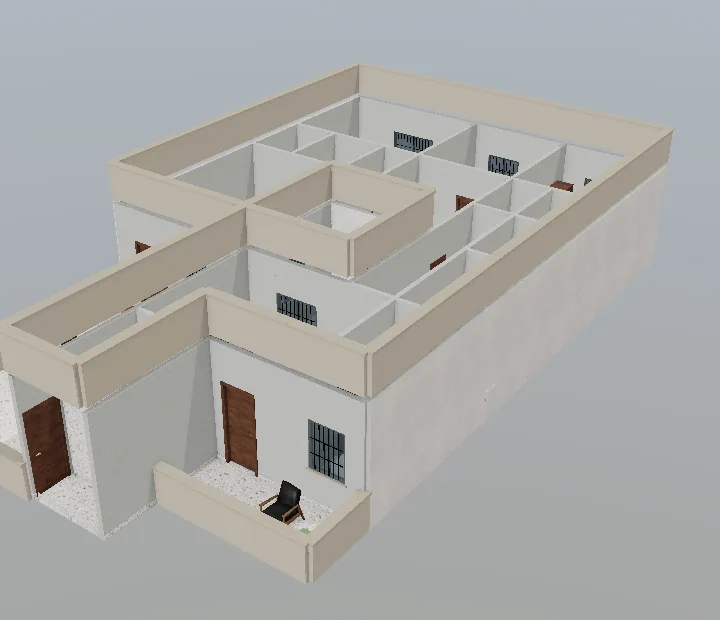 The two-portion house in 3D from above, showing the open sehan in the middle and the terrace over the car porch