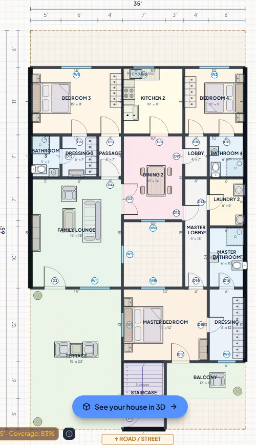 First floor of the 10 marla two-portion house: its own kitchen and dining, a family lounge, a master suite, two bedrooms and the terrace over the porch