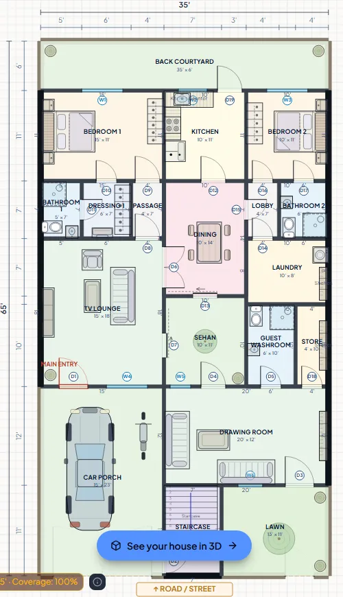 Ground floor of the 10 marla two-portion house: car porch, TV lounge, dining, kitchen, two bedrooms, an open sehan, a drawing room, and the upper portion's stair at the front