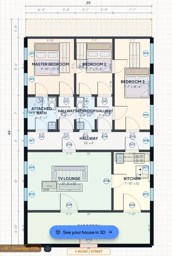 MakaanPlan's one-floor draft of the brief on a 25 × 45 ft plot: three small bedrooms, a TV lounge, a kitchen and a shallow car porch