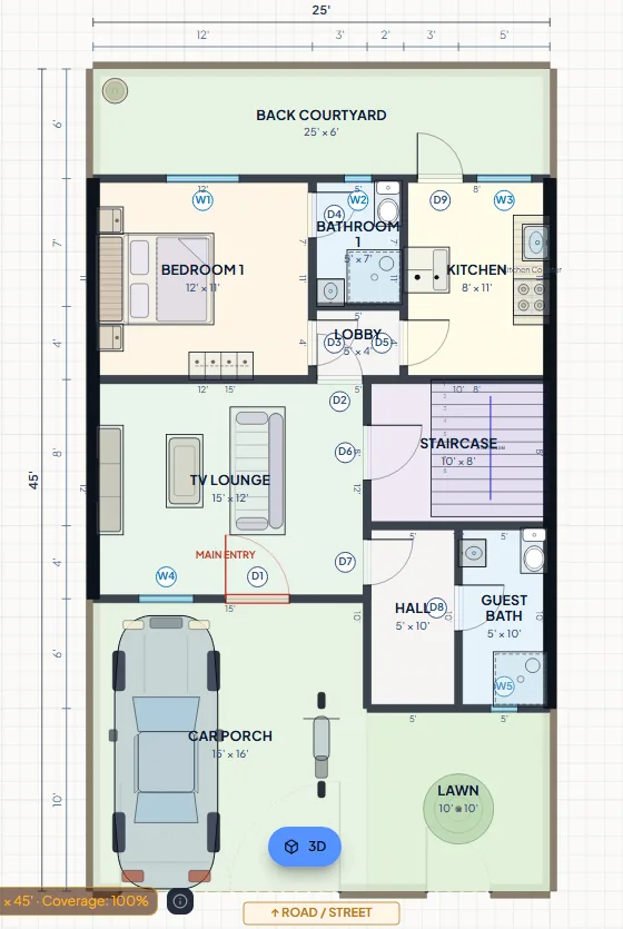 MakaanPlan's two-floor draft, ground floor: a 15 × 16 ft car porch with a car, TV lounge, kitchen, bedroom, staircase, guest bath and lawn on a 25 × 45 ft plot